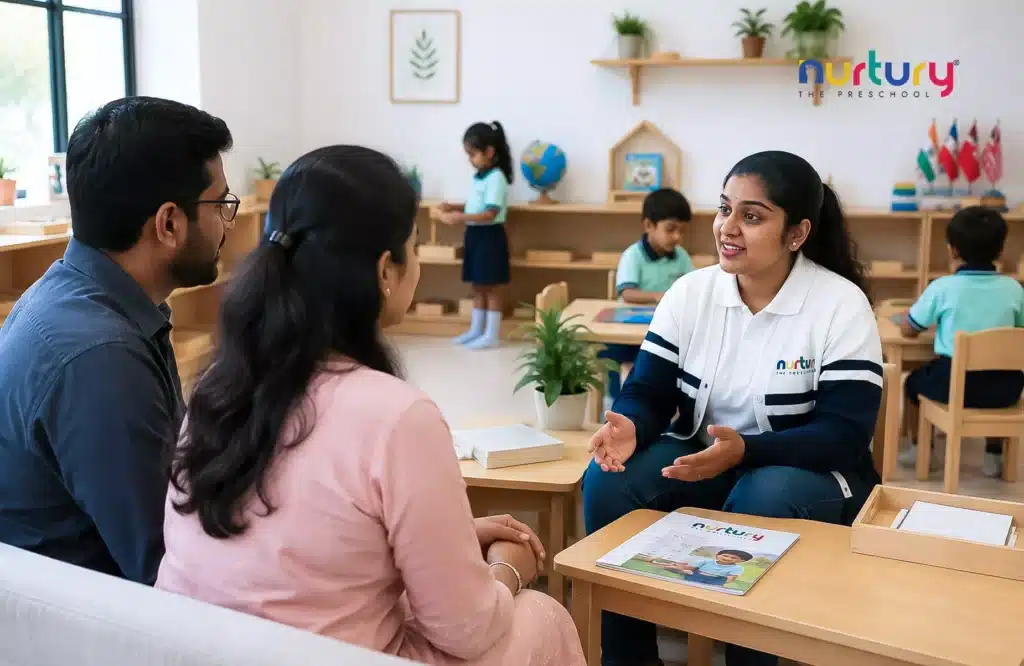 Parents Discussing Their Child's Learning With A Preschool Teacher In Gachibowli