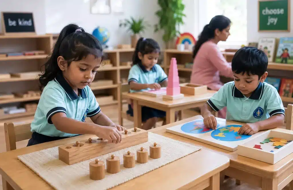 Children Developing Independence With Montessori Learning Materials in Preschool