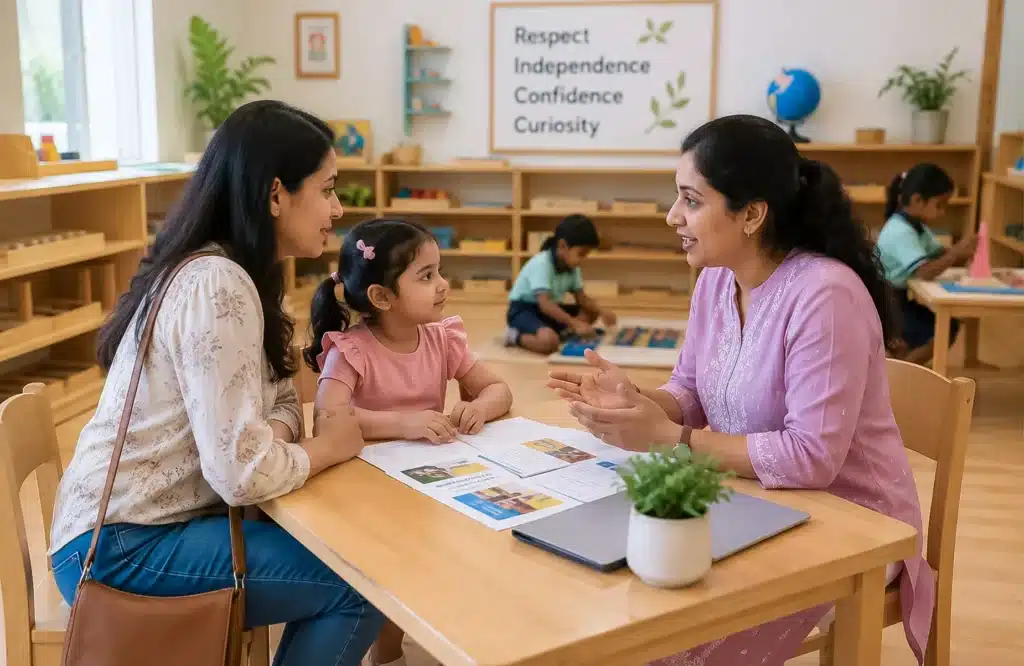 Mother Discussing Her Child's Learning Journey with a Montessori Teacher