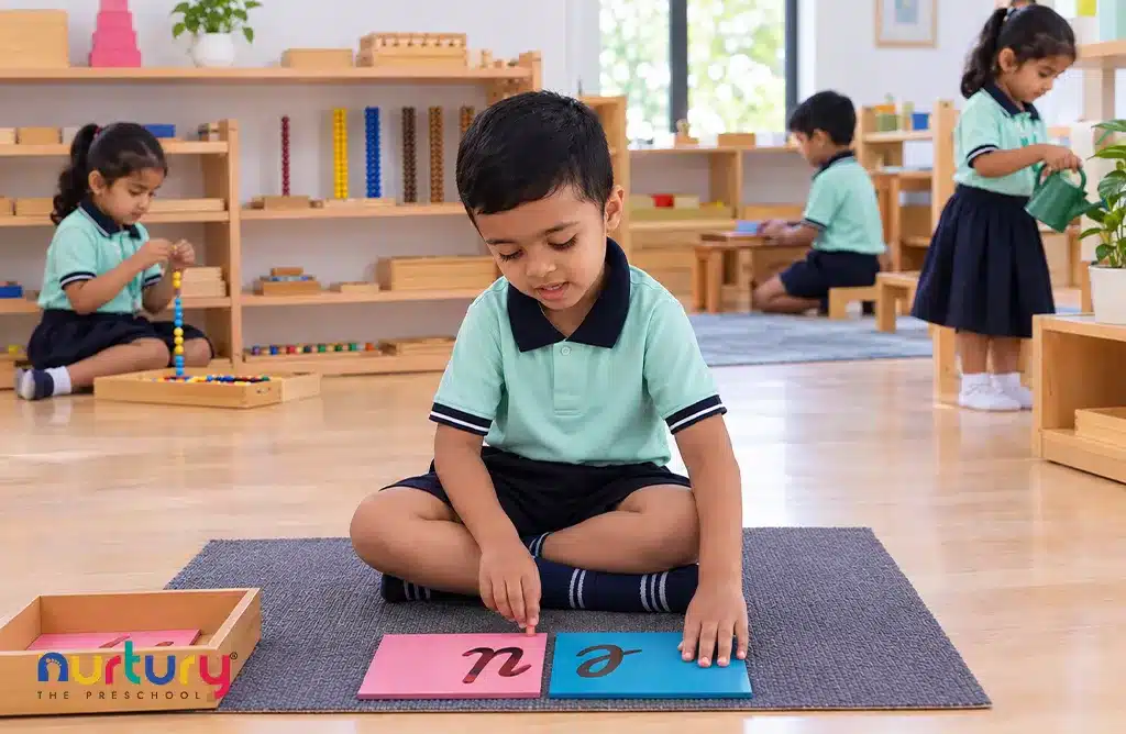 Child Practising Letter Recognition With Montessori Learning Materials