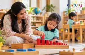 Montessori Teacher Guiding Child Through Hands-On Learning Activity