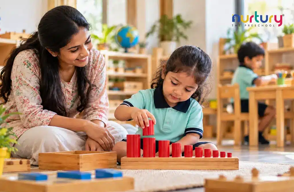 Montessori Teacher Guiding Child Through Hands-On Learning Activity