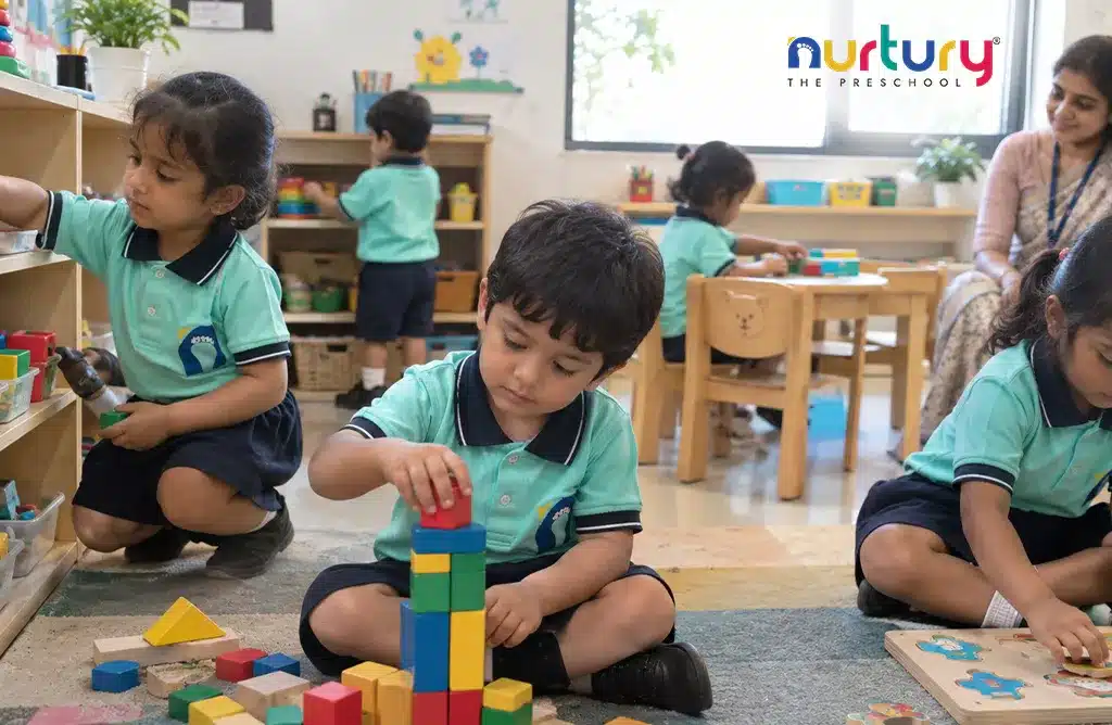 Children Building Blocks Independently at a Daycare in Gachibowli